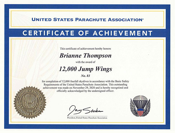 Achievement: 12,000 Jump Wings (2020) to Brianne Thompson