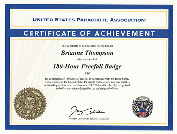 Achievement: 180-Hour Freefall Badge (2020) to Brianne Thompson