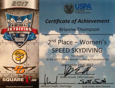 Second Place at USPA Nationals 2017 in the Speed Skydiving Test Event
